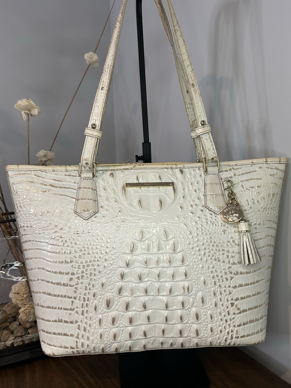 Brahmin Medium Asher White Melbourne Croc Embossed Leather Tote with Tassel